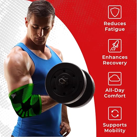 Elbow Compression Sleeves (1 Pair) - Elbow Brace for Tendonitis, Tennis & Golfers Elbow - Weightlifting Support for Men & Women - Pain Relief & Joint Recovery (2, Neon Green, Small)