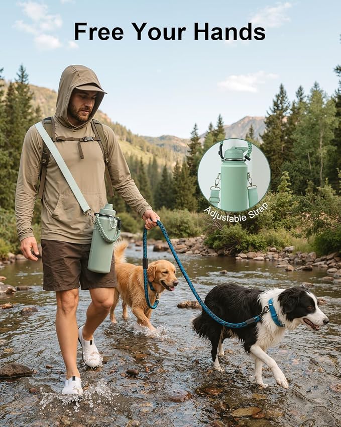 Trebo Water Bottle Insulated 40 oz with 3 Lids, Paracord Handle & Sleeve | Stainless Steel Flask Vacuum, Triple Wall Copper Plated, Dishwasher Safe, Keeps Cold 48Hrs for Hiking, Gym, Wide Mouth