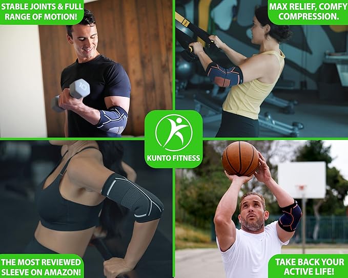 Kunto Fitness Elbow Brace Compression Support Sleeve (Shipped From USA) for Tendonitis, Tennis Elbow, Golf Elbow Treatment - Reduce Joint Pain During Any Activity!