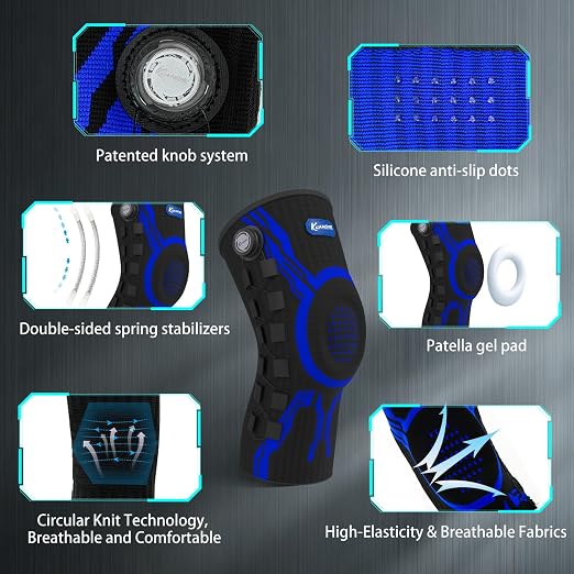 Kuangmi Knob Knee Brace for Pain Relief, Knee Support with Patella Gel Pad & Side Stabilizers, Compression Knee Sleeve for Workout, Arthritis, Joint Pain, Meniscus Tear (Blue Black,Left,Medium,Single)