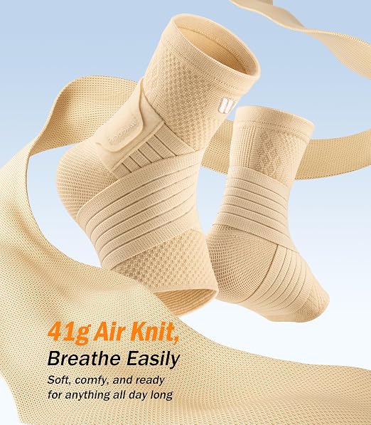 Low-Profile Ankle Braces for Women & Men, Customizable Ankle Compression Sleeve w/Wide Strap, Foot Support Wrap for Plantar Fasciitis Pain Relief, Achilles Tendonitis, Sprain, Beige, 1 Pair, L