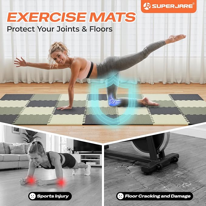 SUPERJARE Gym Floor Mats, EVA Foam Puzzle Exercise Mats, Interlocking Floor Mats, Cushioned Foam Floor Tiles, Gym Flooring Workout Mat for Home Gym, Playroom, Garage, 12.6"x12.6"x0.4"