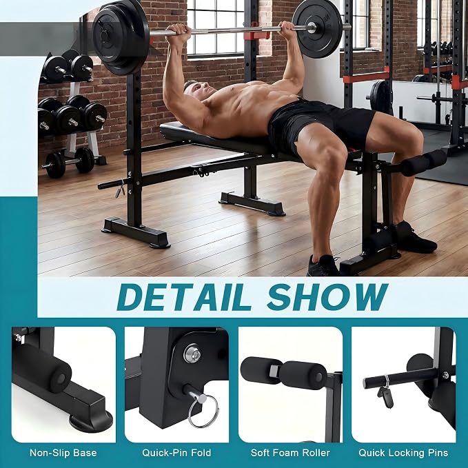 DUMOS Adjustable Weight Bench Set with Rack, 650LBS Foldable Bench Press | Easy Assembly Workout Set with Leg Extension Curl, for Indoor Exercise Home Gym
