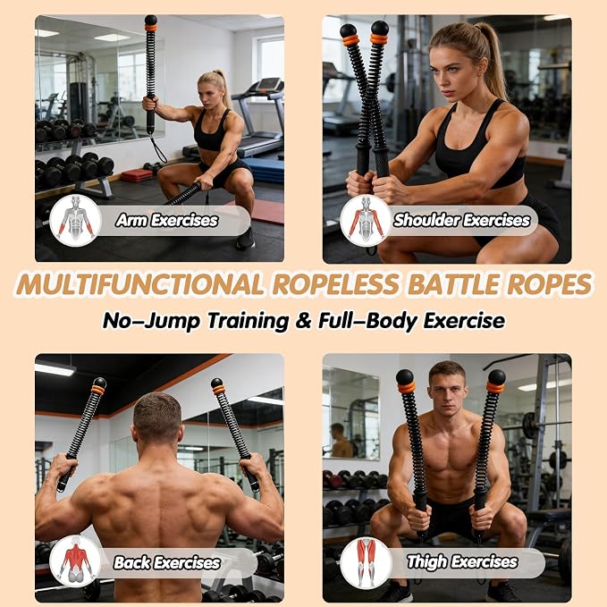 Portable Ropeless Battle Ropes | Adjustable Weights Cordless Battle Ropes for, Workout Ropes for HIIT, No-Jump Training & Full-Body Exercise for Men & Women