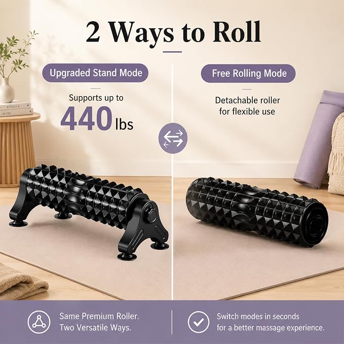 Foam Roller with Stand, 20 Inch Detachable EVA Massage Roller | adjustable stand, textured EVA surface, suction cup stand, 440 lb support, for back leg shoulder stretching