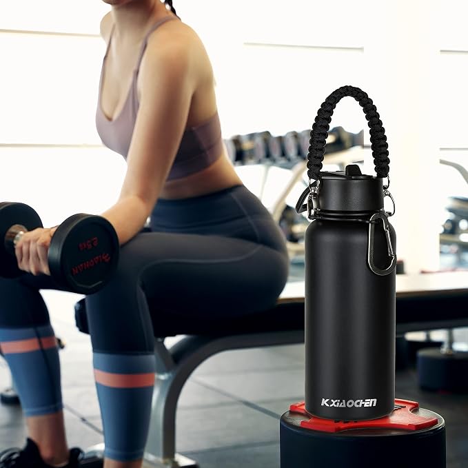 KXIAOCHEN Insulated Water Bottle with Strap, 48-Hour Cold, 2 Lids | Triple-wall insulation, lead-free 18/8 Stainless steel, paracord handle, carabiner clip, for gym, hiking, camping and travel