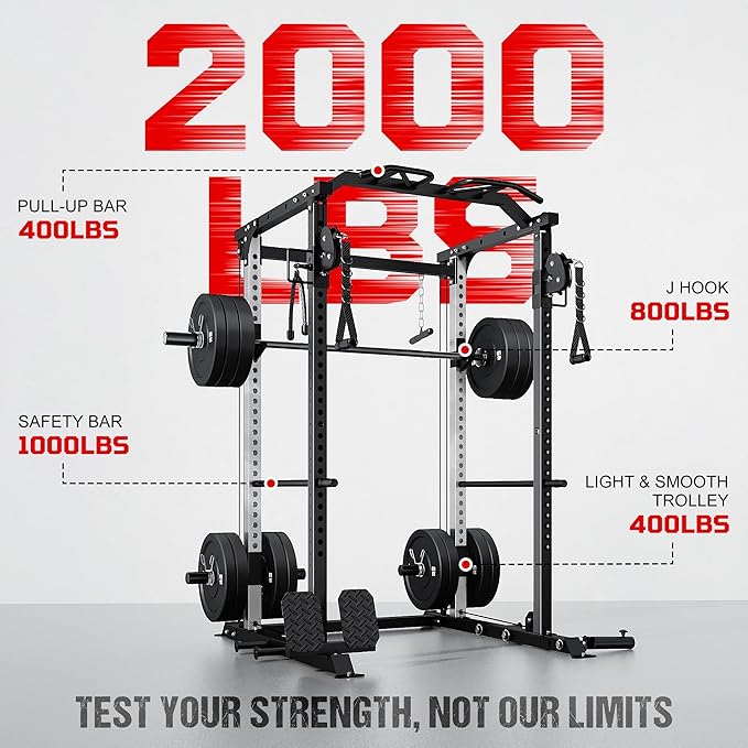 DP01 Power Cage, 2000LBS Squat Rack with Cable Crossover and Dual Independent Pulley System, Full Cage for Full Body Training, Power Rack with More Training Attachments for Home Gym