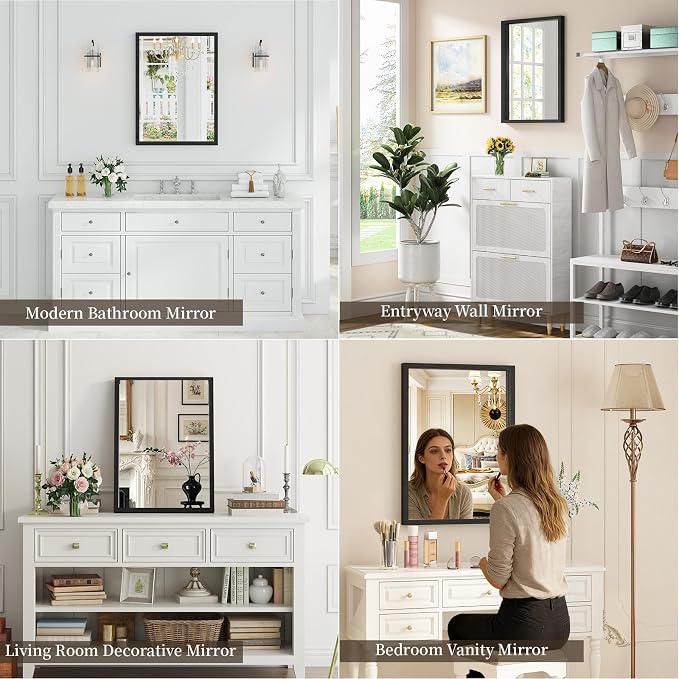Syndra Black Wood Frame Bathroom Mirror, 22''x30'' Modern Vanity Mirror for Wall, Waterproof Slim Deep Frame, Rectangular HD Tempered Glass Mirror for Living Room, Bedroom, Entryway, Rustic, Farmhouse