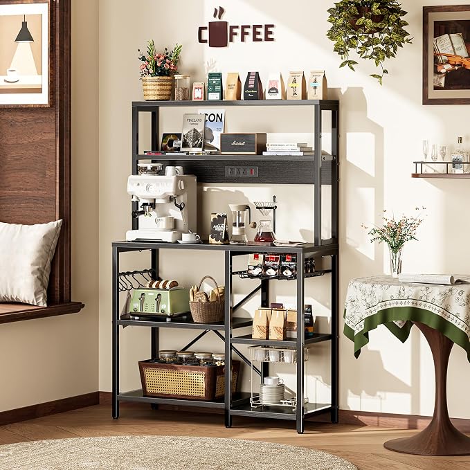 SUPERJARE Bakers Rack with Power Outlet, 35.4 Inches Coffee Bar with Basket | Kitchen Microwave Stand with 11 S-Shaped Hooks, Open Storage Shelves, Black