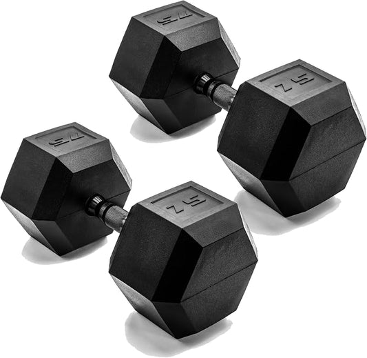 CAP Rubber Coated Dumbbell Weights, Free Weights for Home Gym Strength Training, Anti-Roll Hex Dumbbells with Black, Chrome & Comfort Grip Handles, Pairs & Sets