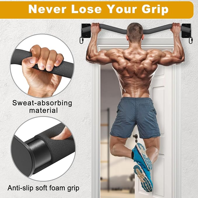 Kipika Wall Mounted Pull Up Bar - Heavy Duty 500 LB Capacity Doorway Chin Up Bar for Home Gym, Sturdy Steel Construction with Resistance Band Hooks | Hanging Exercise Bar for Full Body Workout