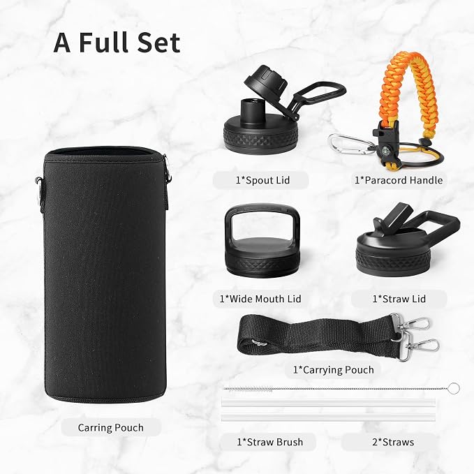 Trebo Insulated Water Bottle 32 oz with 3 Lids, Paracord Handle & Sleeve | Stainless Steel Metal Flask Vacuum, Triple Wall Copper Plated, Dishwasher Safe, Cold 48Hrs for Trail, Hiking, Wide Mouth