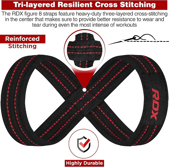 RDX Weight Lifting Straps Figure 8, Anti Slip Strap with Cuffs Wrist Support for Gym Workout Deadlift Powerlifting Bodybuilding Weightlifting, Fitness Strength Training, Hand Bar Grip for Men