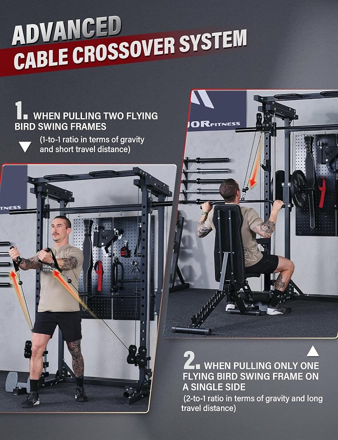 MAJOR FITNESS Drone3 Smith Machine, 2500lbs All-in-One Home Gym Power Rack with Dual Pulley System for Cable Crossover, Pull-Up Bars