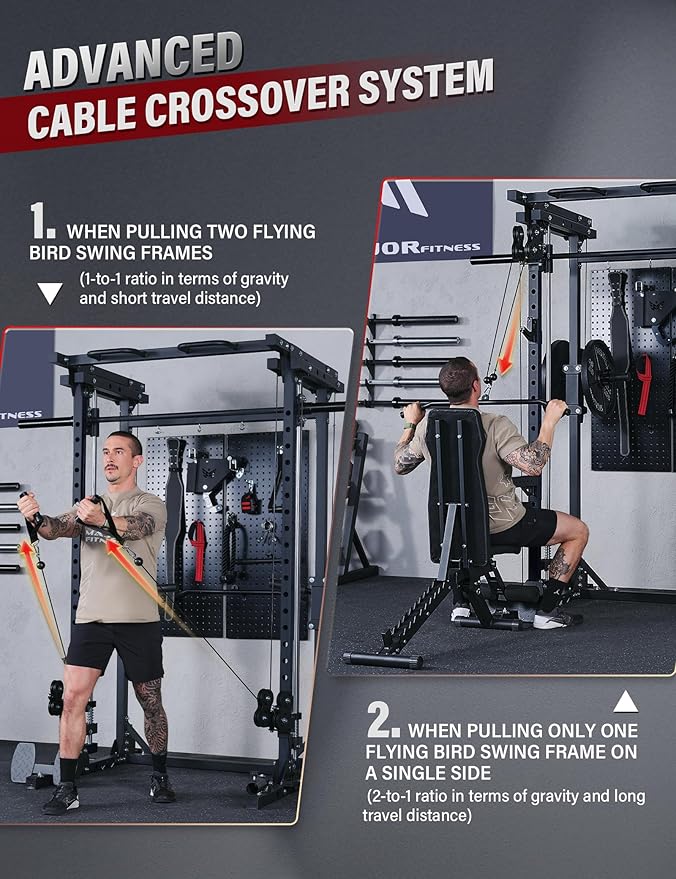 MAJOR FITNESS Drone3 Smith Machine, 2500lbs All-in-One Home Gym Power Rack with Dual Pulley System for Cable Crossover, Pull-Up Bars