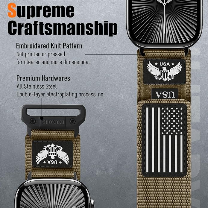 Rugged Nylon- Compatible with Apple Watch Ultra 3/ Ultra 2 Band 49mm Men,Tactical Soft Woven Stars- Stripes Flag Sport Strap for iWatch Bands 46mm 45mm 44mm 42mm Series 11 10 9 8 7 6 5 4 3 2 1 Se