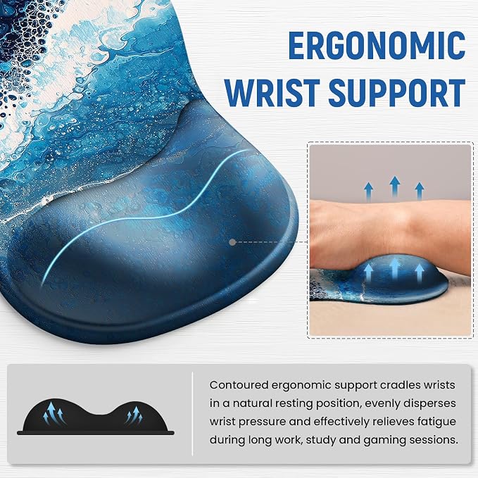 Ergonomic Mouse Pad with Wrist Rest, Gel Wrist Support, Waves | 10.2 x 7.6 in Mouse Pad with Smooth Fabric Surface and Non-Slip Rubber Base for Office, Home, Study, and Gaming