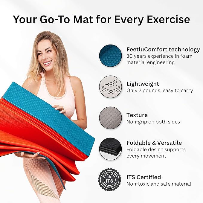 Foldable Yoga Exercise Mat, 6mm/8mm/10mm/12mm Thickness, 72 x 24 Inch - Lightweight, Anti-Slip, and Easy to Store for Yoga, Pilates, Home Workouts, and Floor Exercises