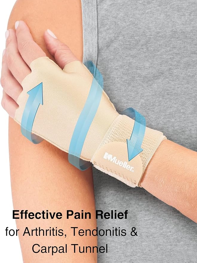 MUELLER Sports Medicine Compression Glove for Men and Women, Hand & Wrist Pain Relief Support, Ideal for Carpal Tunnel, Arthritis, Fits Right or Left, Beige