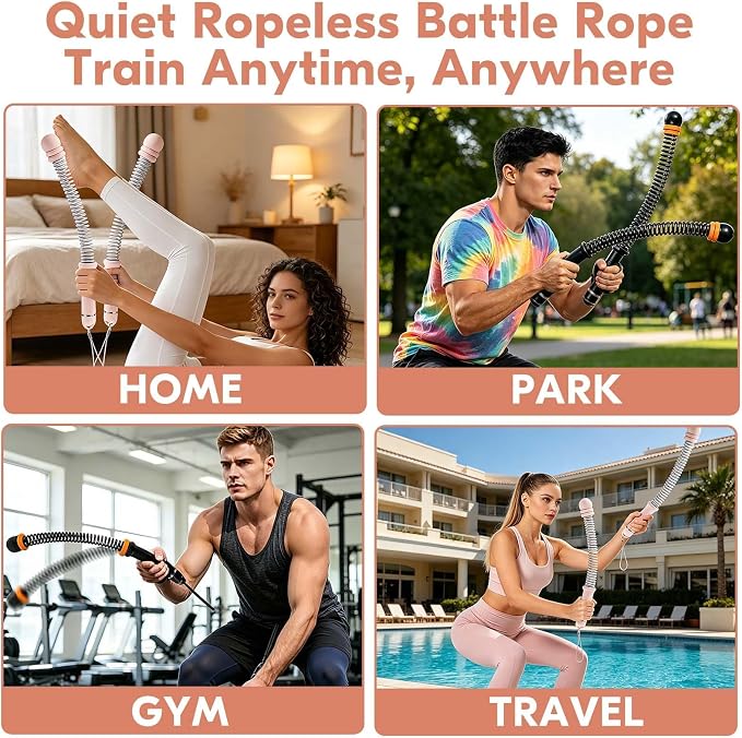 Cordless Battle Ropes for Home Gym – Adjustable Weighted Ropeless Ropes with Non-Slip Handles & Gloves, Portable No-Anchor-Point Workout for HIIT, Strength, Low-Impact Cardio, Men & Women