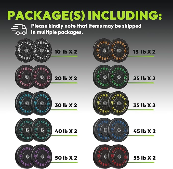 HANDBODE 2-Inch High-Bounce Bumper Plates, Olympic Weight Set, 10-650 lb | Barbell Weight Plates Set for Home Gym, Colored Weights Rubber Strength Training Plate for Weight Lifting