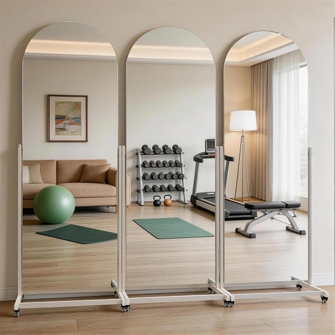 77"x26" Arched Full Length Rolling Mirror on Wheels, 360° Rotate | Tempered glass & metal frame, 360° rotation, standing holder included, ideal for bedroom, dance studio, fitness training