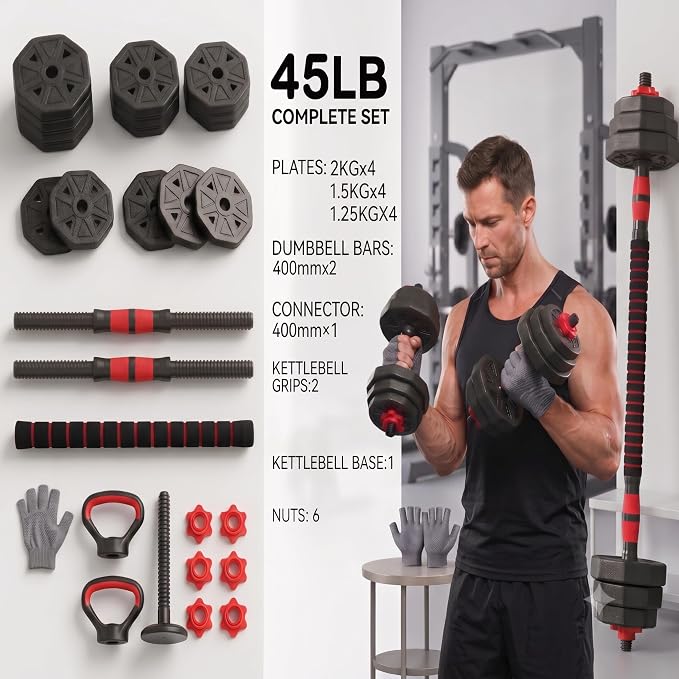 6-in-1 Adjustable Dumbbell & Barbell Weight Set, 45LB Octagon Anti-Roll Iron Sand & Cement Composite Weights, All-in-One Home Gym Equipment with Kettlebell, Push-up Stands & Gloves