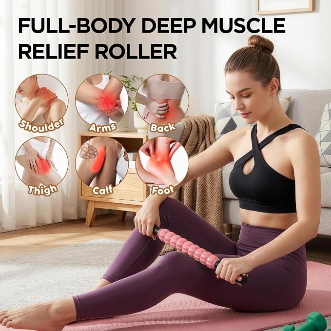 Muscle Roller & Massage Roller Stick for Athletes - Lymphatic Drainage Support, Relieves Muscle Soreness, Cramping & Tightness - Targets Legs, Arms, Back & Calves （Pink ）