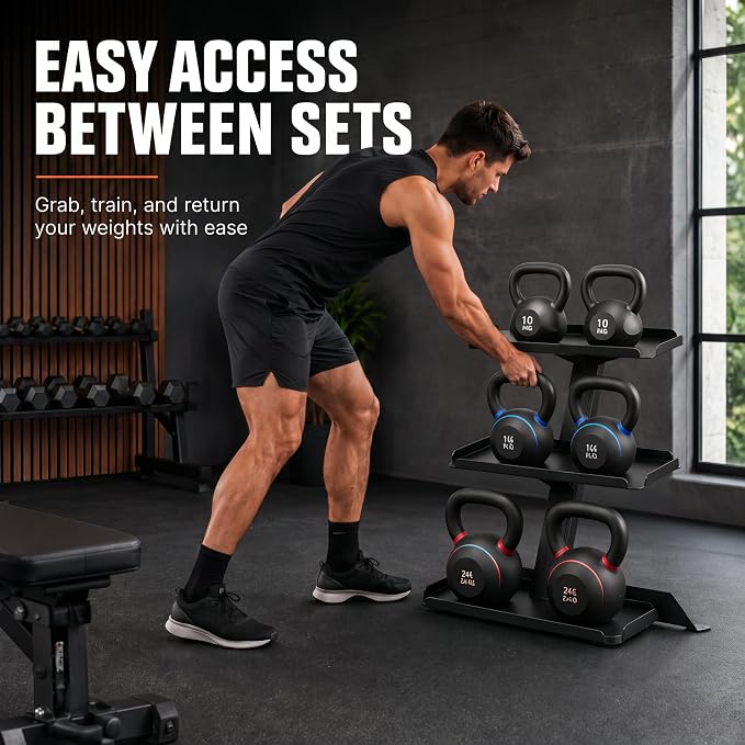 Zonon 3-tier Kettlebell Storage Rack, Alloy Steel Free Weight Organizer Stand for 5–50 lb Kettlebells, Compatible Dumbbell and Exercise Weight Holder for Home Gym, Garage, Apartment and Workout Room