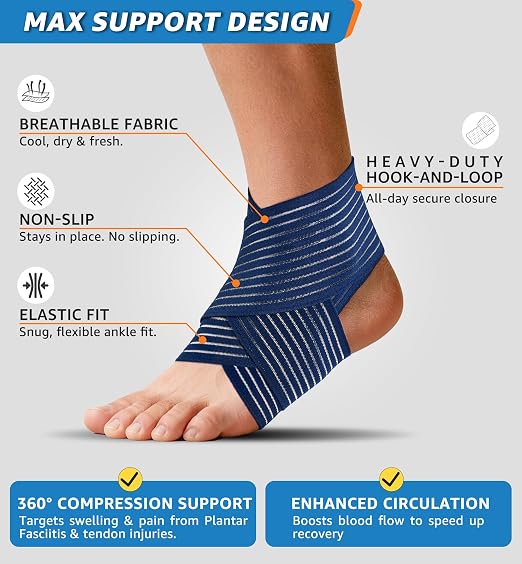 Ankle Brace 2 Pack, Adjustable Compression Support Wrap for Men & Women – Ideal for Sprains, Plantar Fasciitis, Tendonitis, Arthritis – Breathable, Fits in Shoes for Running Sports Gym (Navy Blue)