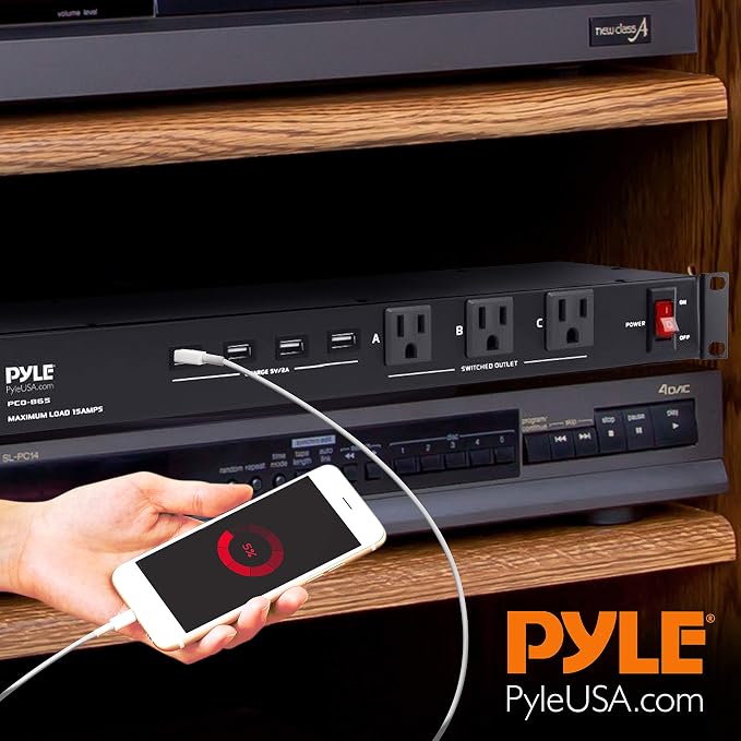 Pyle 19 Outlet 1U 19" Rackmount PDU Power Distribution Supply Center Conditioner Strip Unit Surge Protector 15 Amp Circuit Breaker 4 USB Multi Device Charge Ports 15FT Cord, Black - PCO865 | 15 Amp Circuit Breaker - 4 USB Ports - 15FT Cord - Power Supp...