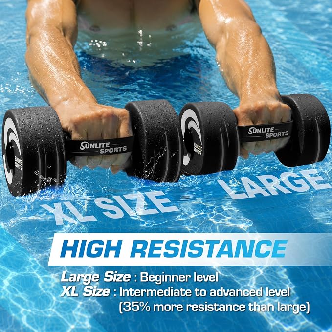 Sunlite Sports Water Weights Pool Exercise Dumbbells, Water Aerobic Equipment, High-Density EVA-Foam Dumbbell with Handle Strip, Aqua Therapy, Pool Fitness, Water Exercise, Set of 2