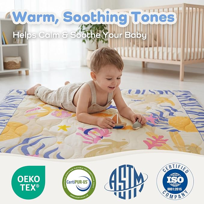 1.6" Thick Baby Play Mat, 71x59 Removable & Machine Washable Cover | Padded Memory Foam, Non-Slip Backing, 100% Baby-Safe Materials, Tummy Time Crawling, Outdoor, Bedroom, Living Room, Nursery
