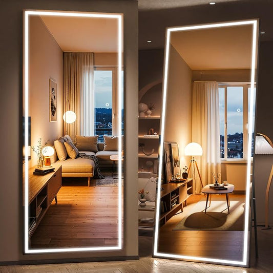 83" x 36" Full Length Mirror with Lights, Large LED Lighted Floor Standing Body Mirror, Dimmable & 3 Color Lighting for Bedroom, Cloakroom, Dressing Room, Tempered Glass, Black Frame