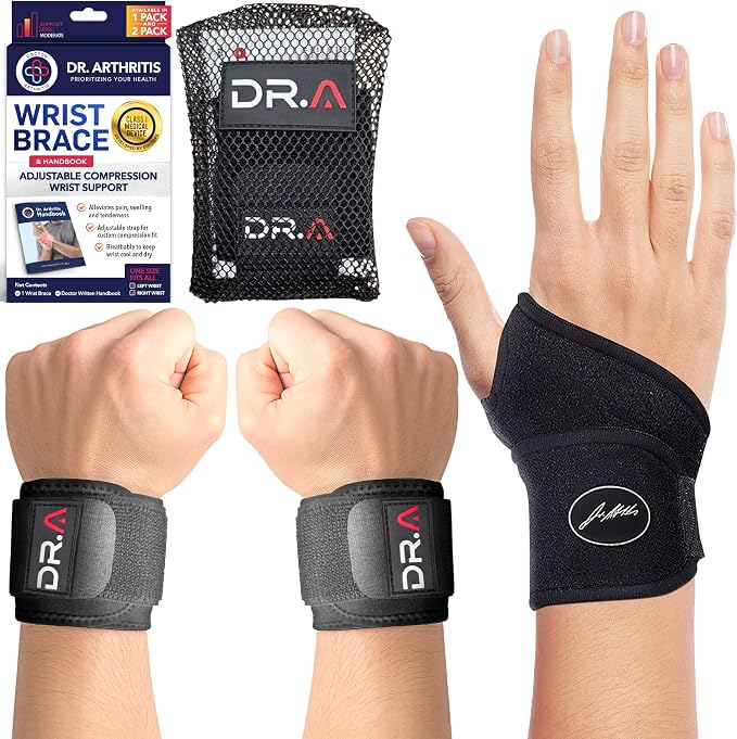 Dr. Arthritis Carpal Tunnel Wrist Brace & Wrist Wrap (2-Pack) Bundle – Adjustable Hand Brace Support for Carpal Tunnel Relief, Tendonitis, Fitness, and Injury Protection (Right or Left Hand, Black)
