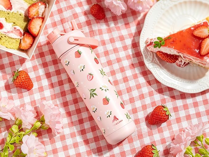 POWCAN 26 oz Insulated Water Bottle with 2-in-1 Straw and Spout Lid, Keep Cold 24H, Leak-Proof, Fits in Car Cup Holder, Stainless Steel Water Bottle for Sports, Travel, Gift (Sun-Kissed Strawberry)