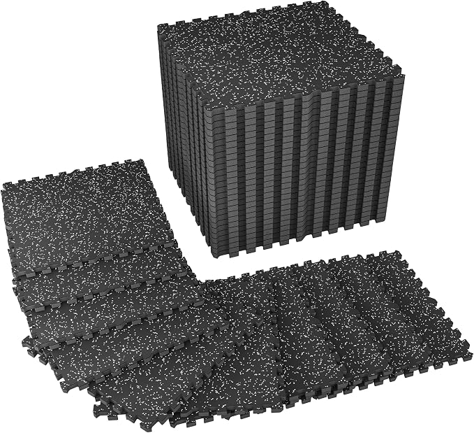 SUPERJARE 1" Extra-Thick Rubber Top Exercise Mat, Puzzle Gym Flooring for Home Gym, Gym Mat for Workout Equipment, Interlocking Floor Tiles with EVA Foam, 36 Pcs 144 Sq Ft, Black/Grey