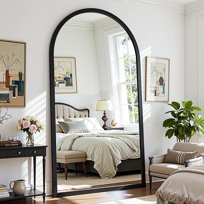 Full Length Mirror 76"×41" Floor Mirror Standing Tall Mirror, Arched Stand up Large Wall Mirrors, Freestanding Full Body Mirrors for Bedroom Living Room Wood Antique Style Black