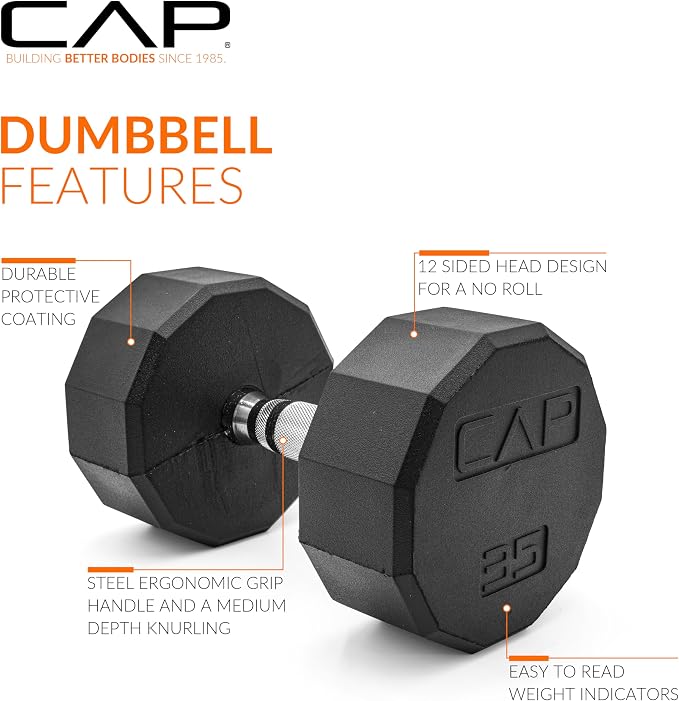 CAP Rubber Coated Dumbbell Weights, Free Weights for Home Gym Strength Training, Anti-Roll Hex Dumbbells with Black, Chrome & Comfort Grip Handles, Pairs & Sets