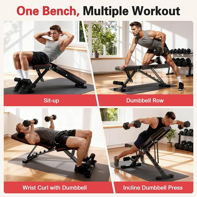 ALSO GO Adjustable Weight Bench, Workout Benches with Leg Extension, Foldable Incline Decline Bench Press, Roman Chair, Full Body Strength Training Equipment for Home Gym
