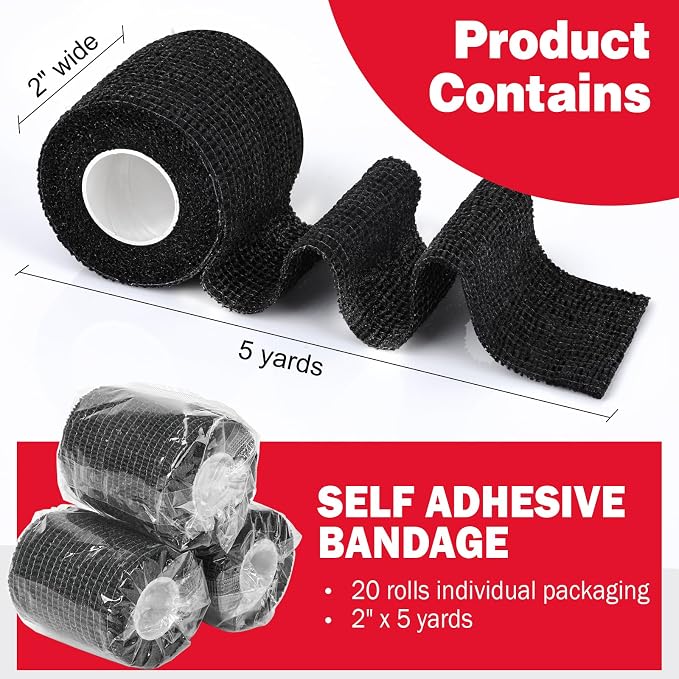 AZEN 20 Pack Self Adhesive Bandage Wrap Black, Black Athletic Tape, Vet Wrap, Tattoo Grip Tape Wrap, Ankle Tape, Cohesive Bandage Wrap