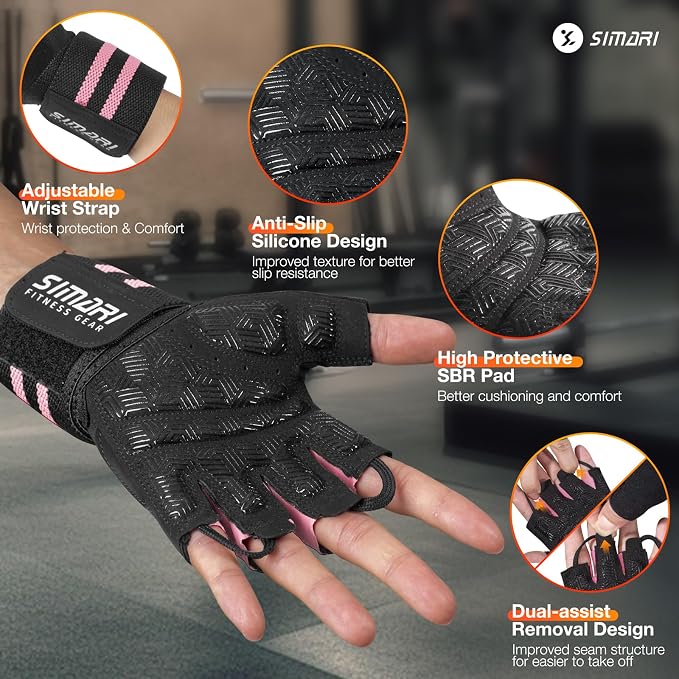 SIMARI Workout Gym Gloves for Men Women, Weight Lifting Gloves with Wrist Wrap Support, SBR Pad Grip for Full Palm Protection, for Exercise, Fitness, Dumbbells, Barbell, Climbing, Fingerless
