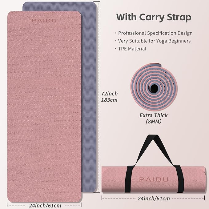 PAIDU Yoga Mat 8mm TPE Non‑Slip Fitness Mat with Strap for Home Workouts | SGS Certified, Odorless, Tear‑Resistant, Unisex, for Yoga, Pilates, Meditation, Home & Gym Workouts