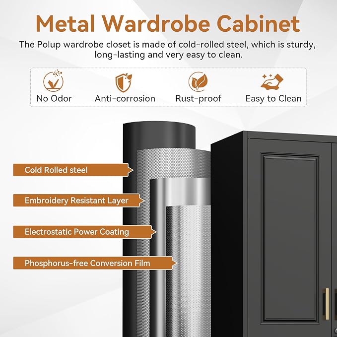 Polup 71" Tall Metal Armoire Wardrobe Closet with Lock | Heavy Duty Steel Clothing Storage Cabinet with Hanging Rod, 3 Adjustable Shelves & 2 Doors for Bedroom, Office, Broom, Black