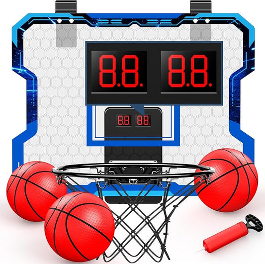 Indoor Basketball Hoop for Kids with Electronic Scoreboard, Over The Door Mini Basketball Hoop with 4 Game Modes, Breakaway Rim, 3 Balls & Pump, Basketball Toy Gift for Boys Girls Ages 6-12