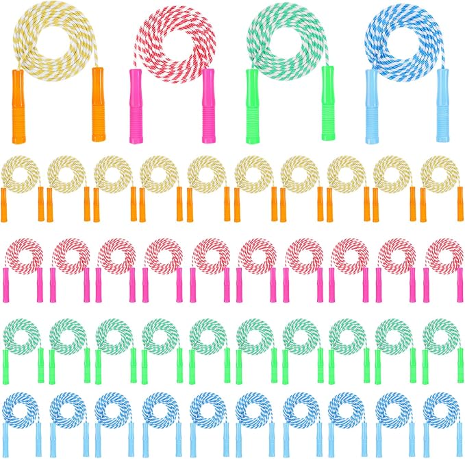 40 Pack Colorful Kids Jump Rope Set, 7.6ft Colorful Jump Rope for Kid Bulk Adjustable Length Stripe Skipping Ropes with Plastic Handles for Outdoor Exercise Sport Party Equipment