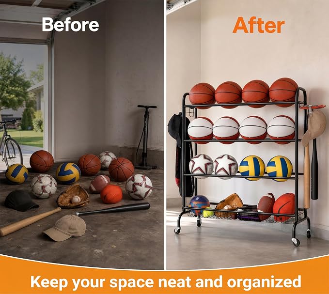 EXTCCT Basketball Rack, Rolling Basketball Shooting Training Stand,Sports Equipment Storage with Wheels, Four-Layer Organizer Holder with Two Basket for Basketballs Footballs Volleyball