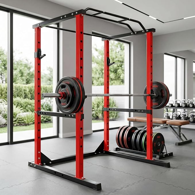Squat Rack with Protection Arm, 1200 Lbs Capacitys All in One Power Cage, 44.3 x 45.6 x 81.5 Inch, 14.0 sq.ft Footprint Adjustable Fitness Power Gym Cage for Home Gym