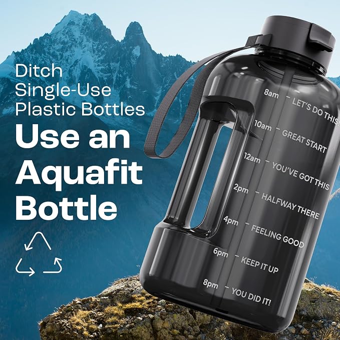 AQUAFIT Half Gallon Water Bottle with Motivational Quotes | BPA Free 64 oz Water Bottle with Straw and Chug Lids - Leakproof Gym Water Bottle with Carry Handle (Blue)