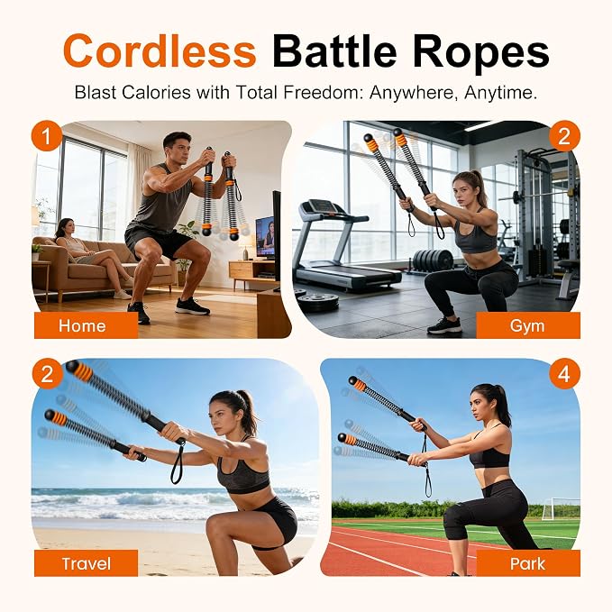 Adjustable Ropeless Battle Ropes, Portable Cordless Battle Ropes for Home Gym, Workout Equipment Exercise Rope for Low-Impact Workout, Strength & HIIT, for Men & Women (Black)